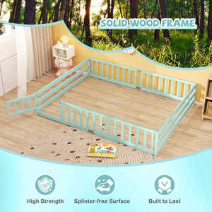 Queen Size Floor Bed Kids Montessori Bed Frame with Full Length Safety Guardrails-Green view 7