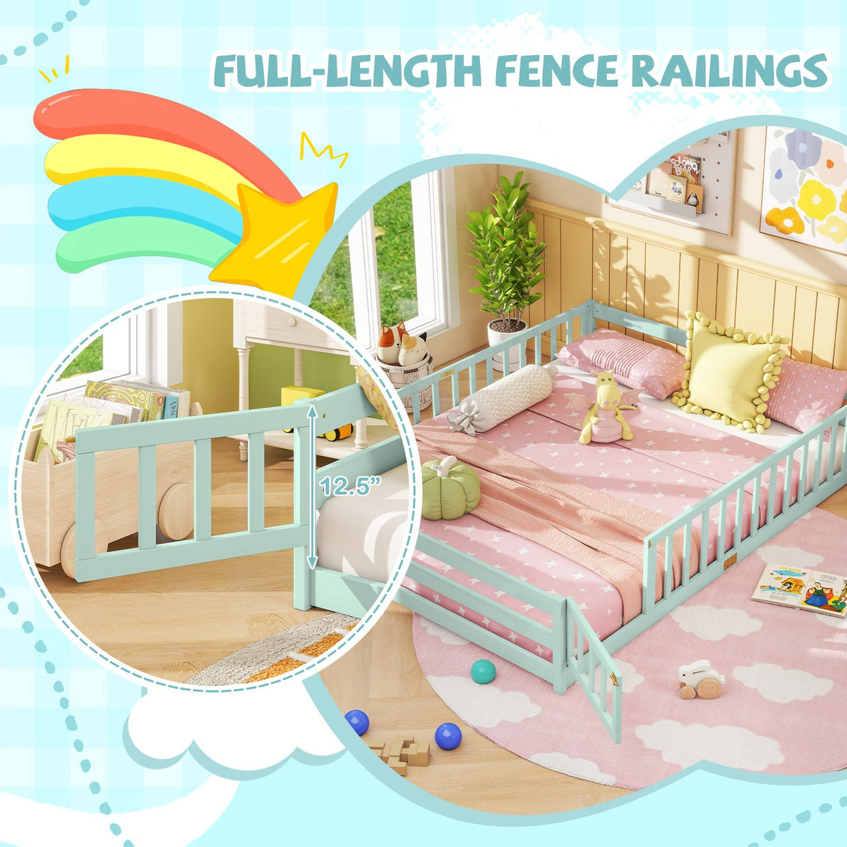 Queen Size Floor Bed Kids Montessori Bed Frame with Full Length Safety Guardrails-Green view 8