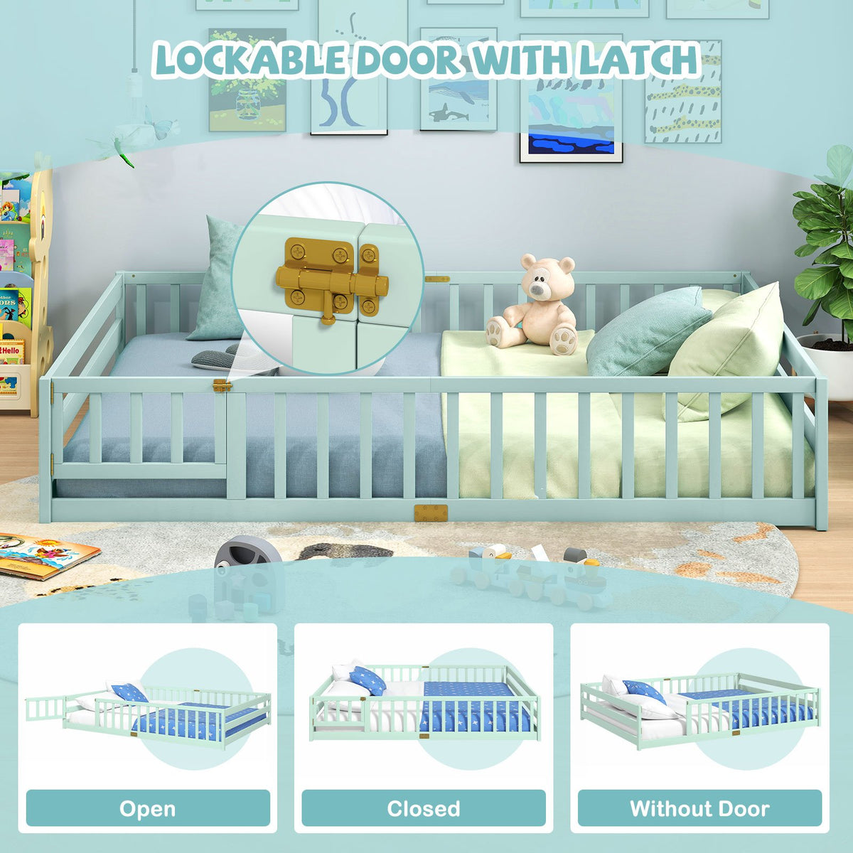 Queen Size Floor Bed Kids Montessori Bed Frame with Full Length Safety Guardrails-Green view 9