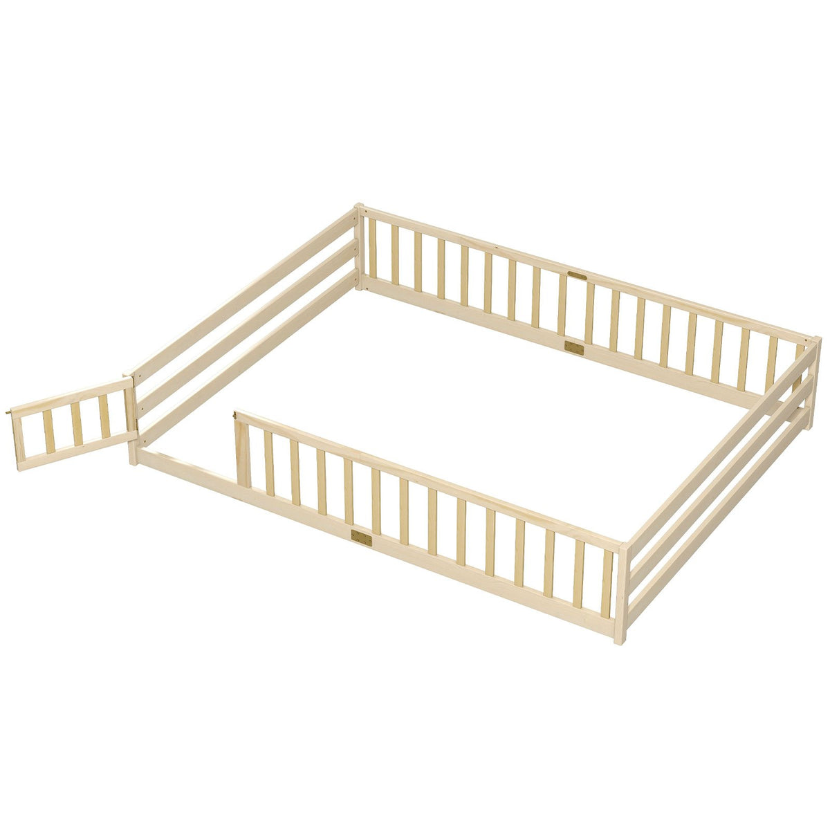 Queen Size Floor Bed Kids Montessori Bed Frame with Full Length Safety Guardrails-Natural