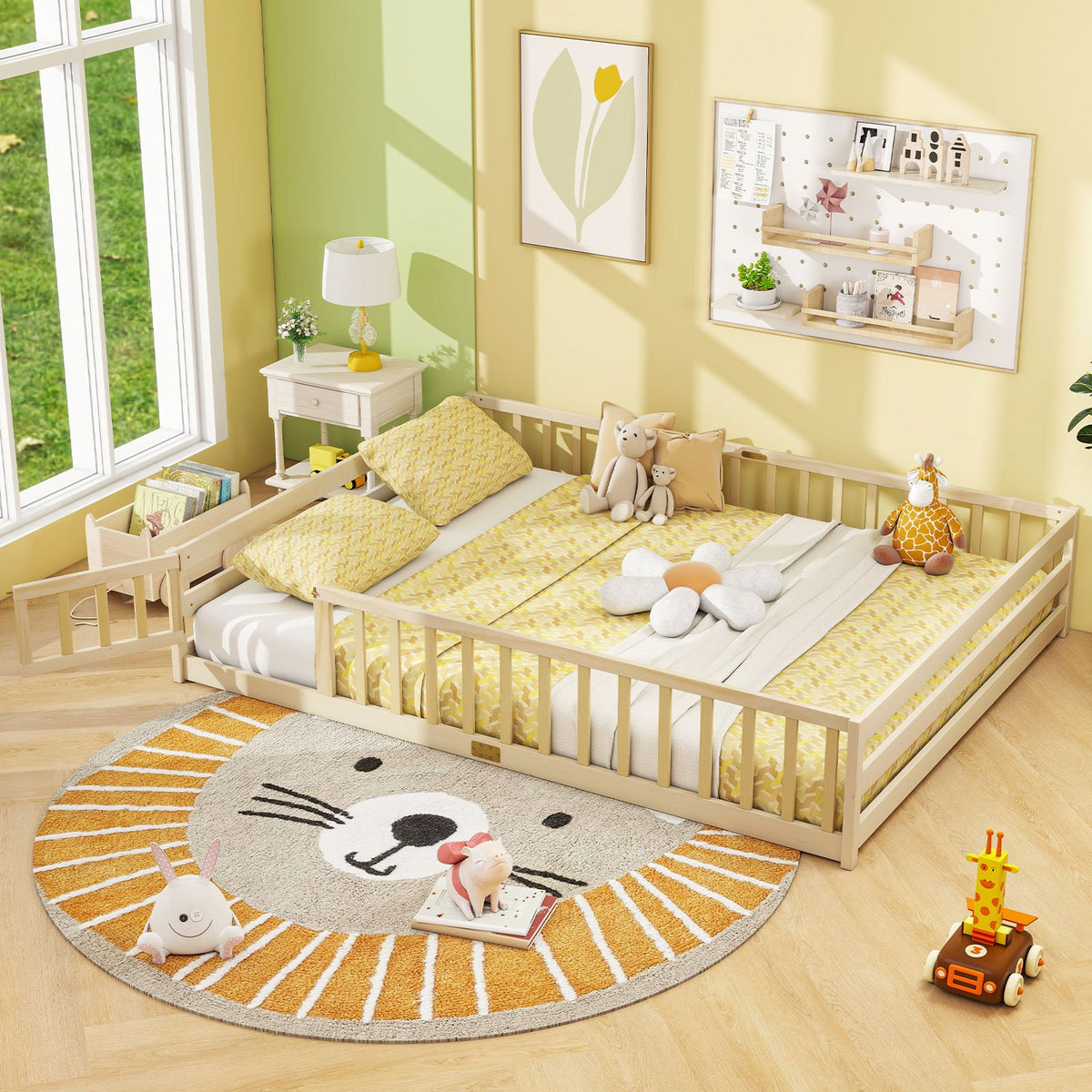 Queen Size Floor Bed Kids Montessori Bed Frame with Full Length Safety Guardrails-Natural view 2