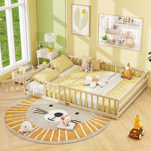 Queen Size Floor Bed Kids Montessori Bed Frame with Full Length Safety Guardrails-Natural view 2