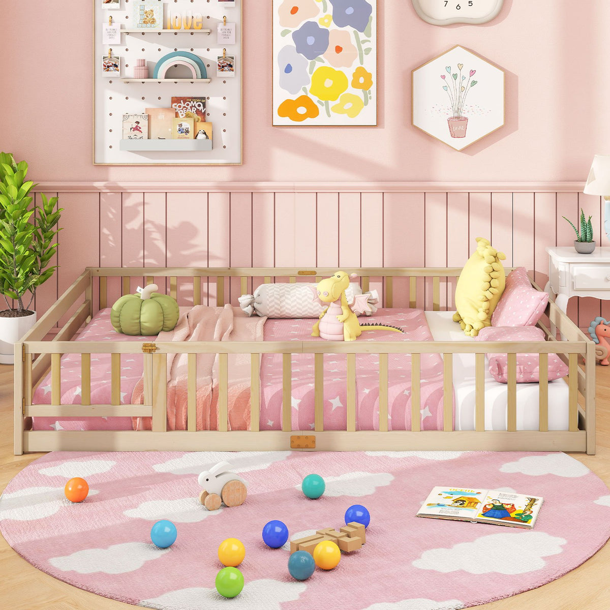 Queen Size Floor Bed Kids Montessori Bed Frame with Full Length Safety Guardrails-Natural view 3