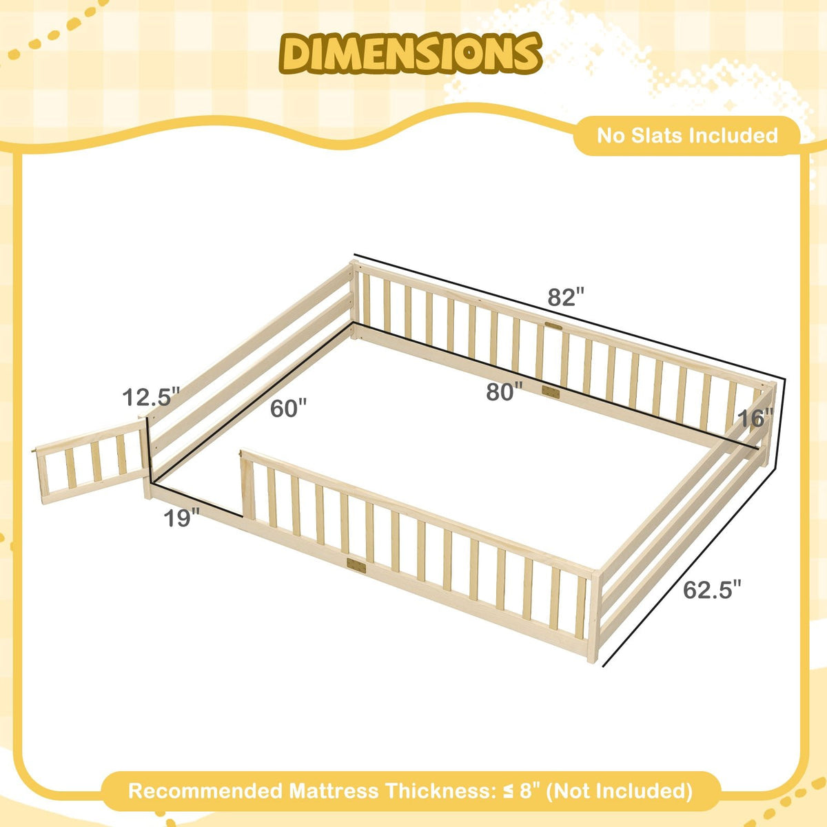 Queen Size Floor Bed Kids Montessori Bed Frame with Full Length Safety Guardrails-Natural view 4