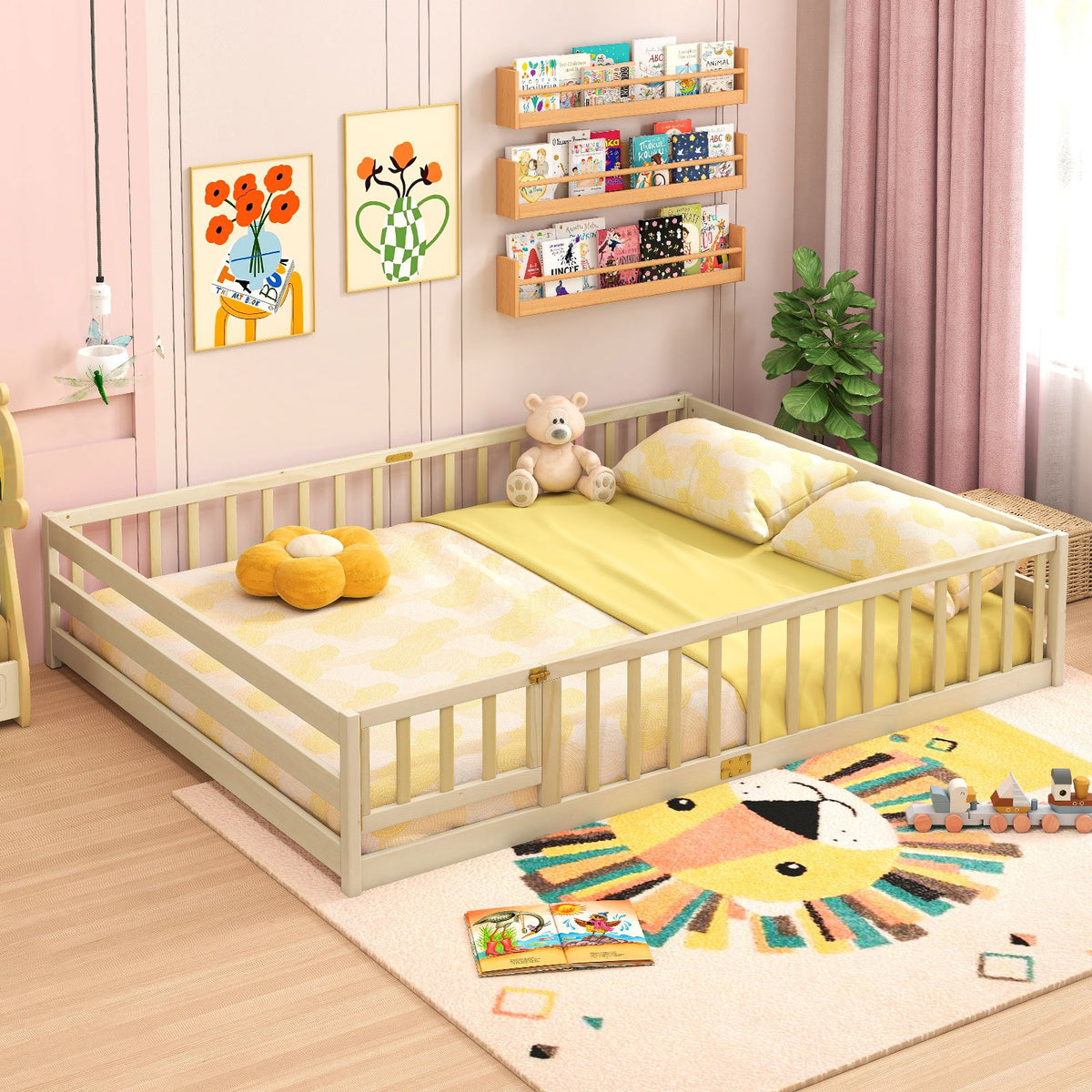 Queen Size Floor Bed Kids Montessori Bed Frame with Full Length Safety Guardrails-Natural view 5