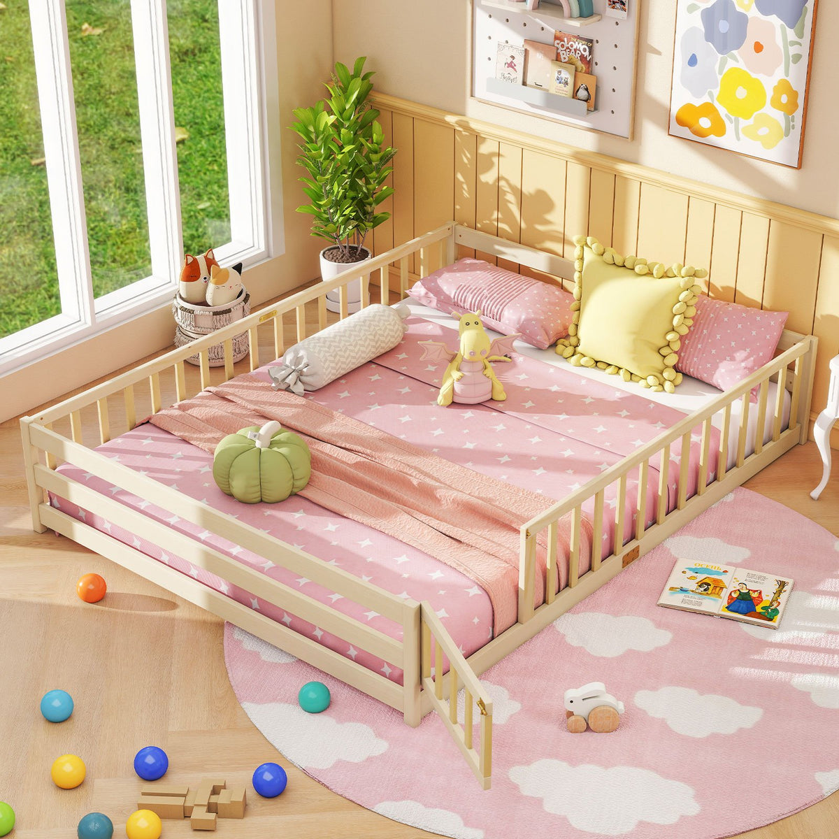 Queen Size Floor Bed Kids Montessori Bed Frame with Full Length Safety Guardrails-Natural view 6