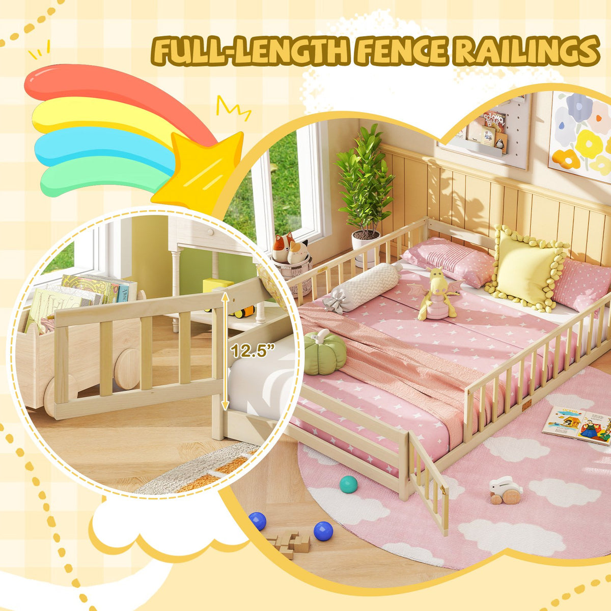 Queen Size Floor Bed Kids Montessori Bed Frame with Full Length Safety Guardrails-Natural view 8