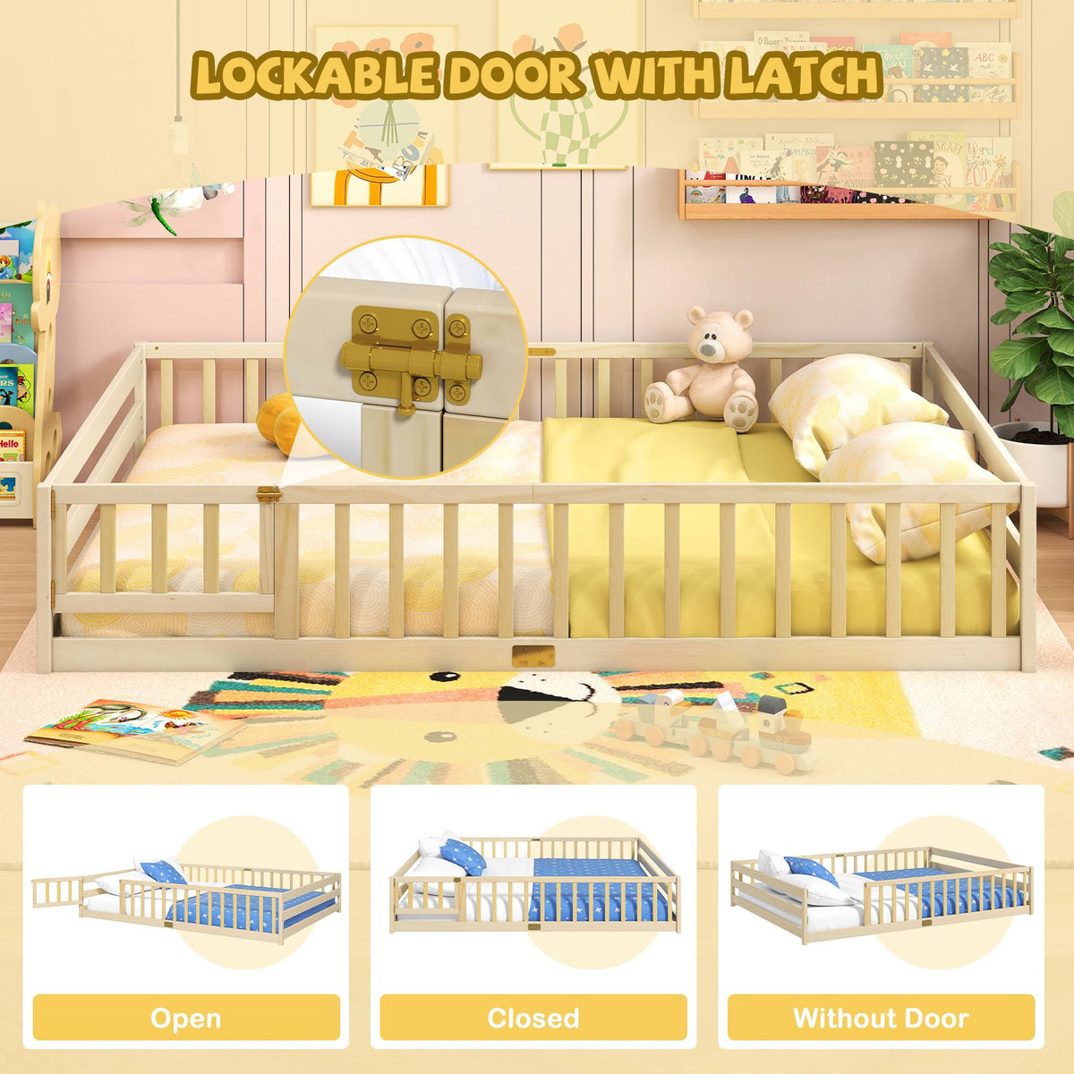 Queen Size Floor Bed Kids Montessori Bed Frame with Full Length Safety Guardrails-Natural view 9
