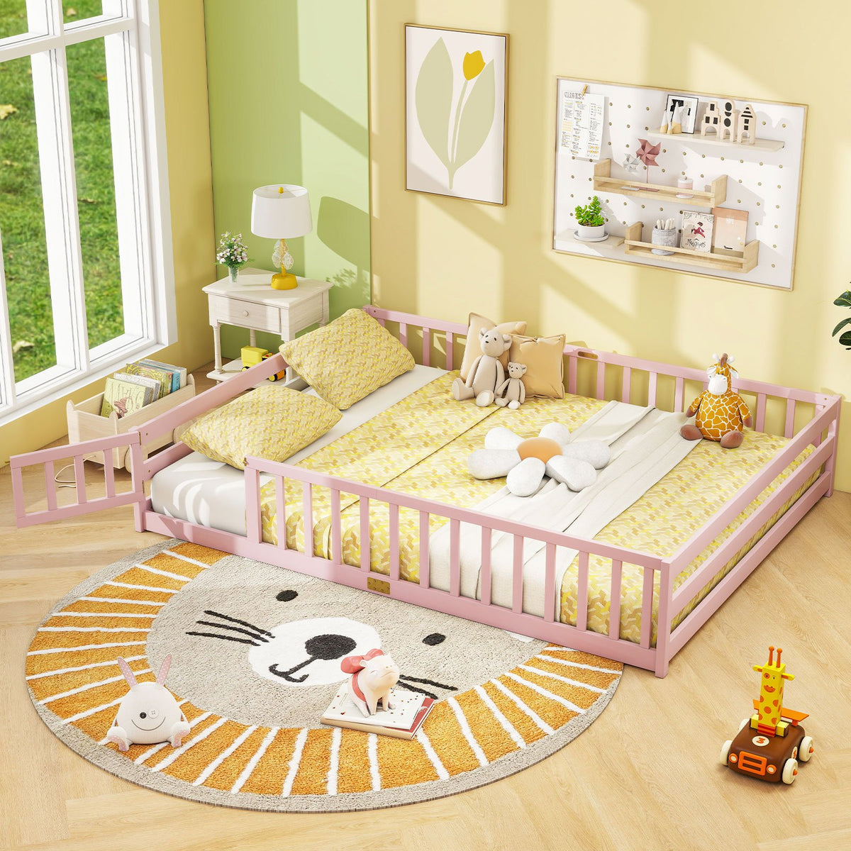 Queen Size Floor Bed Kids Montessori Bed Frame with Full Length Safety Guardrails-Pink view 2
