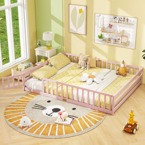 Queen Size Floor Bed Kids Montessori Bed Frame with Full Length Safety Guardrails-Pink view 2