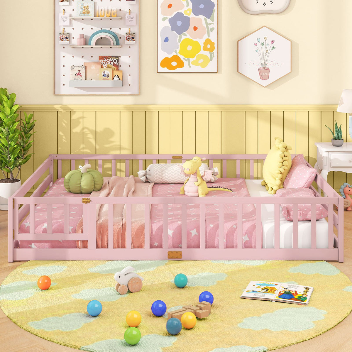 Queen Size Floor Bed Kids Montessori Bed Frame with Full Length Safety Guardrails-Pink view 3