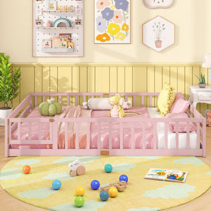 Queen Size Floor Bed Kids Montessori Bed Frame with Full Length Safety Guardrails-Pink view 3