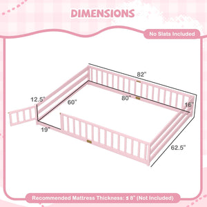 Queen Size Floor Bed Kids Montessori Bed Frame with Full Length Safety Guardrails-Pink view 4