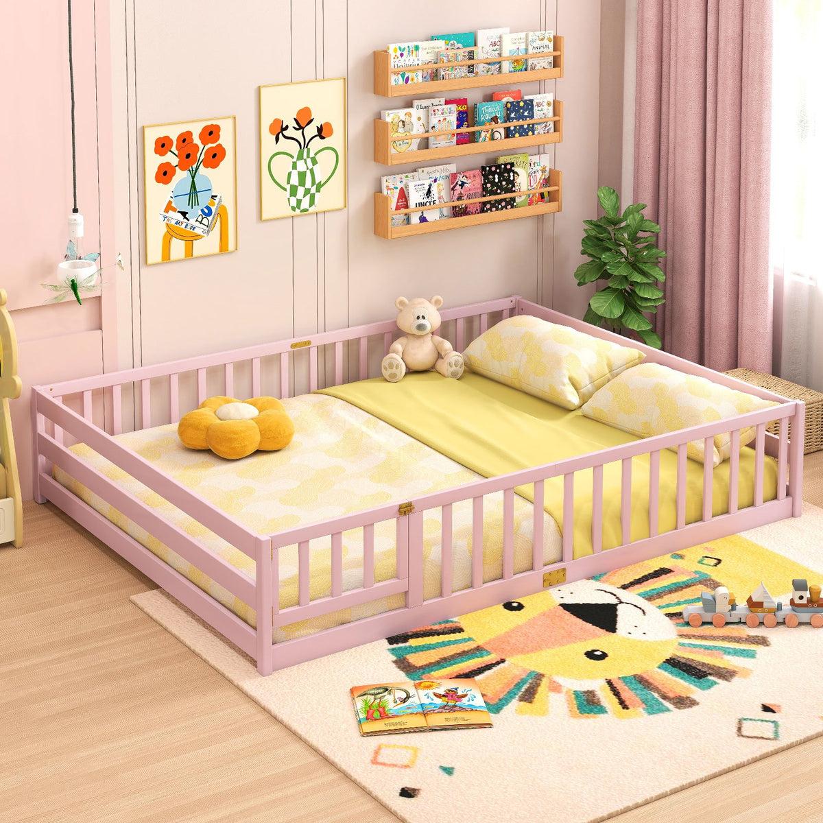 Queen Size Floor Bed Kids Montessori Bed Frame with Full Length Safety Guardrails-Pink view 5