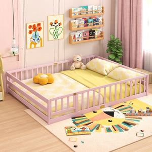 Queen Size Floor Bed Kids Montessori Bed Frame with Full Length Safety Guardrails-Pink view 5