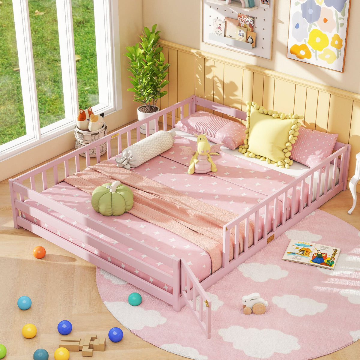 Queen Size Floor Bed Kids Montessori Bed Frame with Full Length Safety Guardrails-Pink view 6