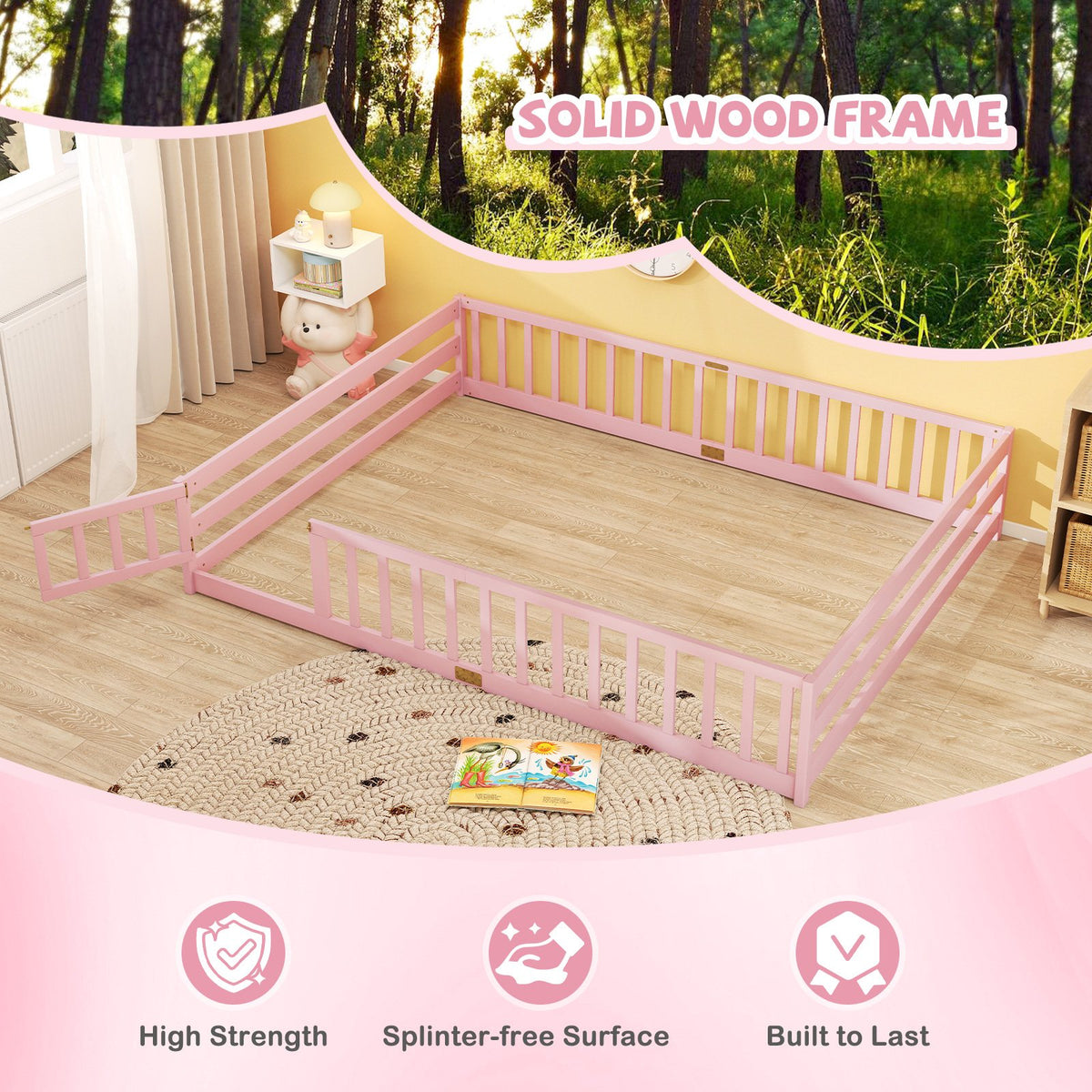 Queen Size Floor Bed Kids Montessori Bed Frame with Full Length Safety Guardrails-Pink view 7