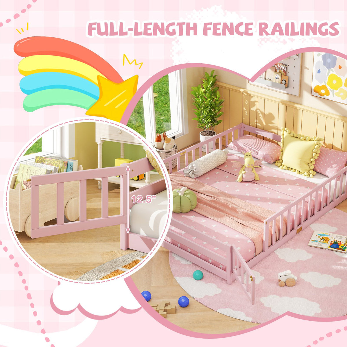 Queen Size Floor Bed Kids Montessori Bed Frame with Full Length Safety Guardrails-Pink view 8