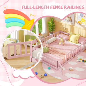 Queen Size Floor Bed Kids Montessori Bed Frame with Full Length Safety Guardrails-Pink view 8