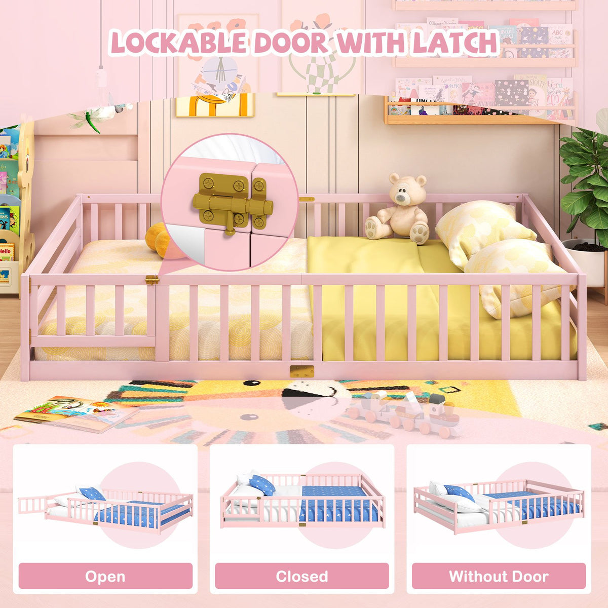 Queen Size Floor Bed Kids Montessori Bed Frame with Full Length Safety Guardrails-Pink view 9