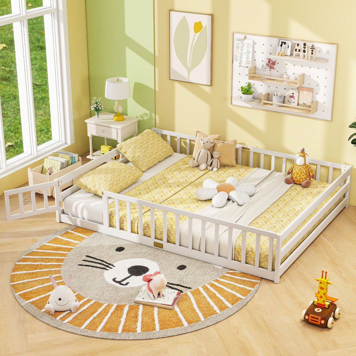 Queen Size Floor Bed Kids Montessori Bed Frame with Full Length Safety Guardrails-White view 2
