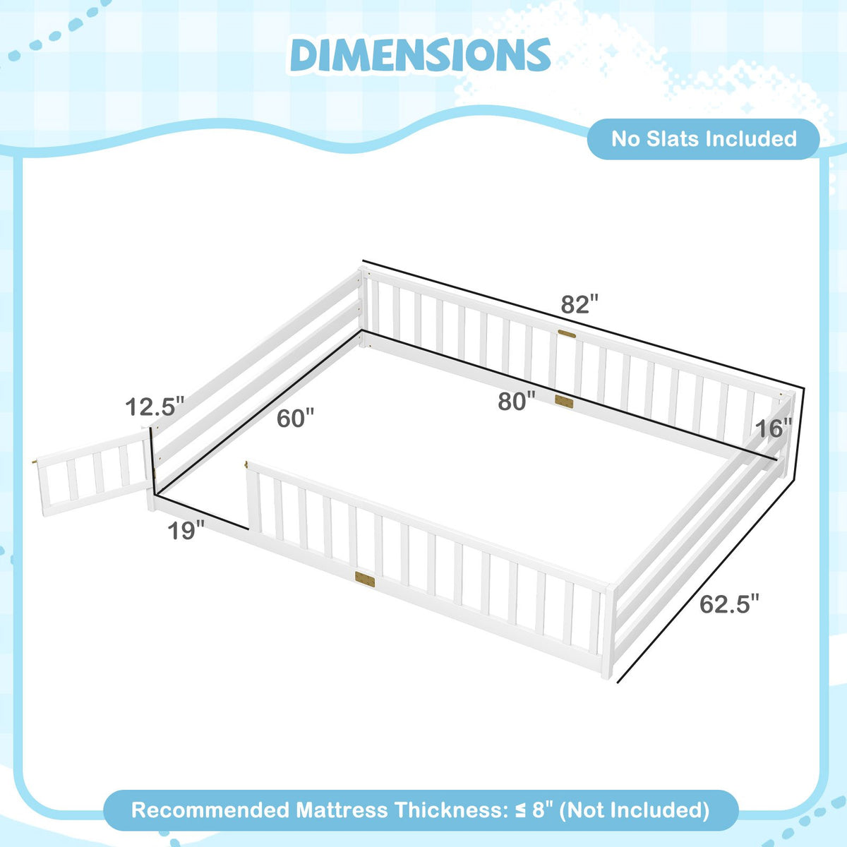 Queen Size Floor Bed Kids Montessori Bed Frame with Full Length Safety Guardrails-White view 4