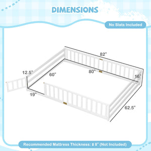 Queen Size Floor Bed Kids Montessori Bed Frame with Full Length Safety Guardrails-White view 4