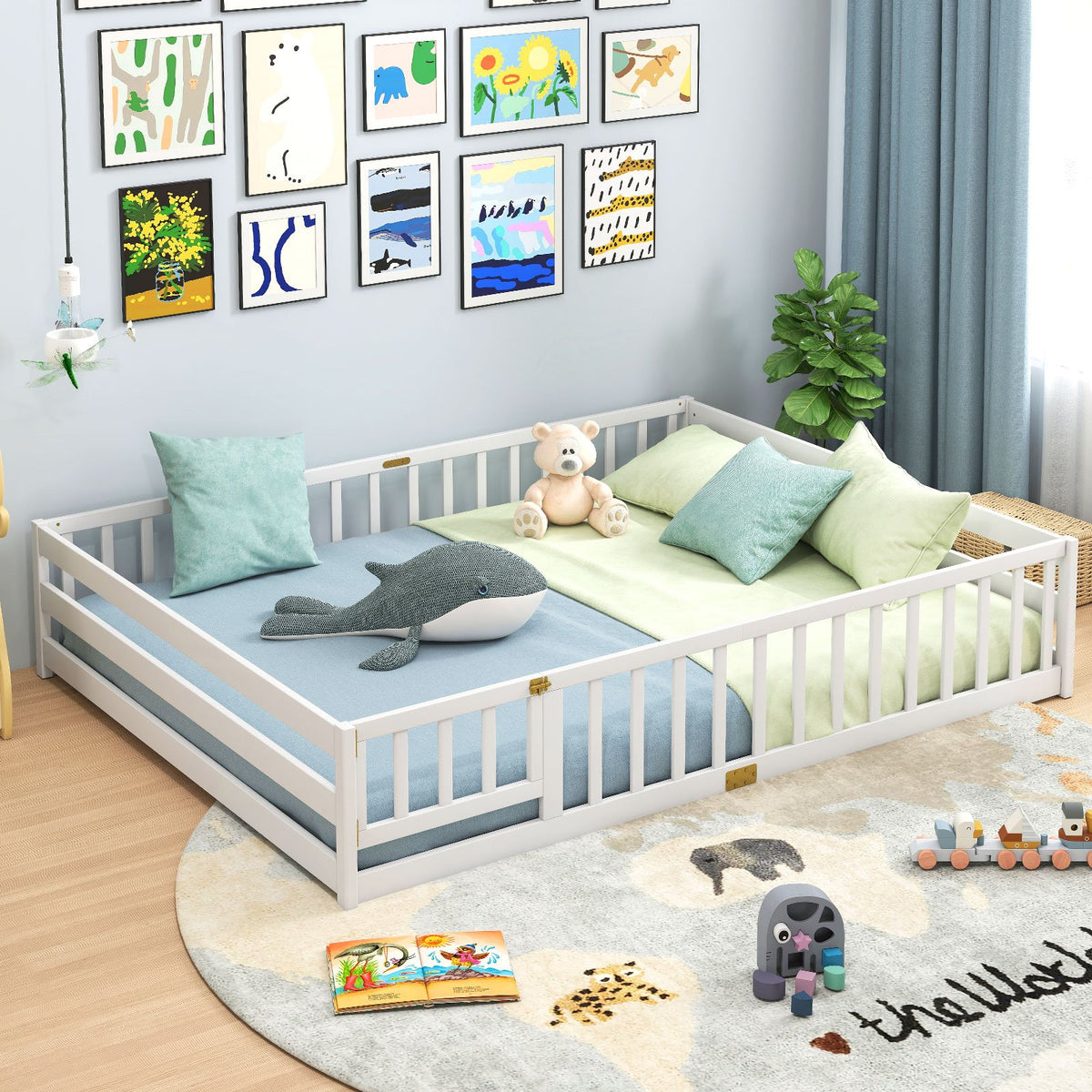 Queen Size Floor Bed Kids Montessori Bed Frame with Full Length Safety Guardrails-White view 5