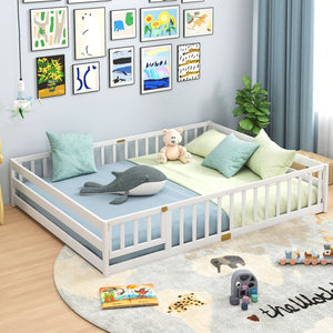 Queen Size Floor Bed Kids Montessori Bed Frame with Full Length Safety Guardrails-White view 5
