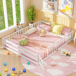 Queen Size Floor Bed Kids Montessori Bed Frame with Full Length Safety Guardrails-White view 6