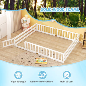 Queen Size Floor Bed Kids Montessori Bed Frame with Full Length Safety Guardrails-White view 7
