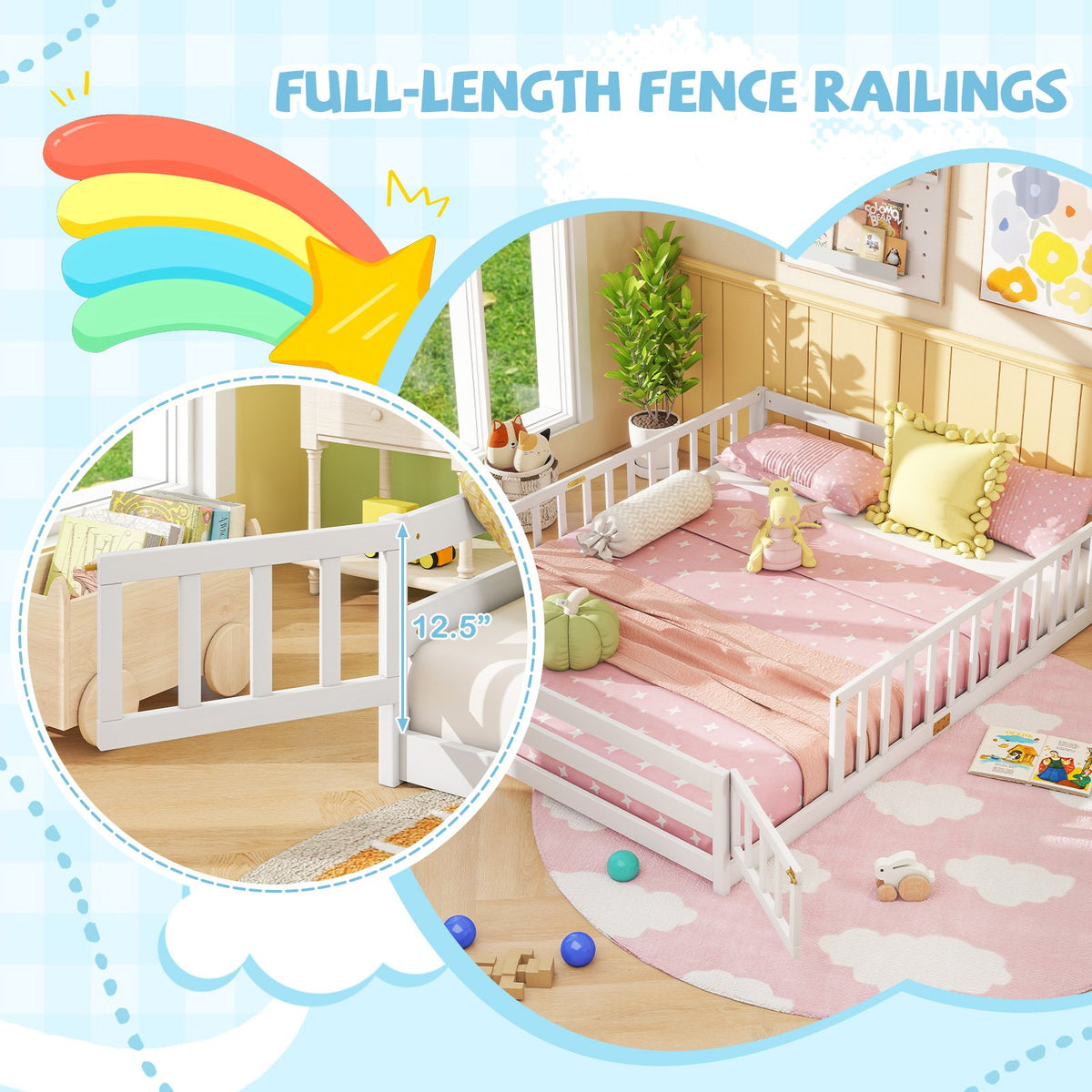 Queen Size Floor Bed Kids Montessori Bed Frame with Full Length Safety Guardrails-White view 8