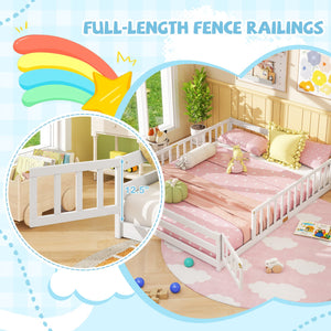 Queen Size Floor Bed Kids Montessori Bed Frame with Full Length Safety Guardrails-White view 8