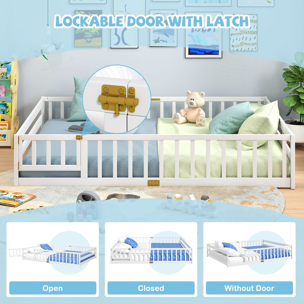 Queen Size Floor Bed Kids Montessori Bed Frame with Full Length Safety Guardrails-White view 9