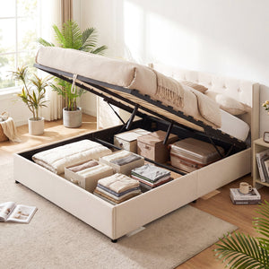 Queen Size Lift-up Storage Bed Modern Linen Upholstered Platform Bed-Beige view 2