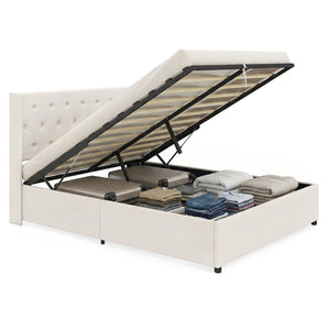Queen Size Lift-up Storage Bed Modern Linen Upholstered Platform Bed-Beige view 4