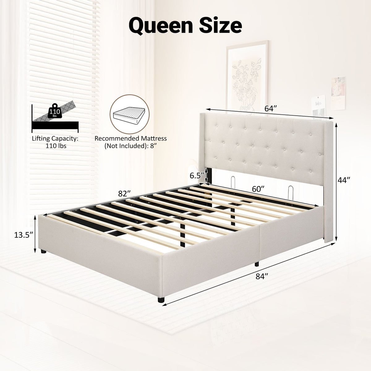 Queen Size Lift-up Storage Bed Modern Linen Upholstered Platform Bed-Beige view 5