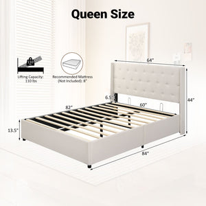 Queen Size Lift-up Storage Bed Modern Linen Upholstered Platform Bed-Beige view 5
