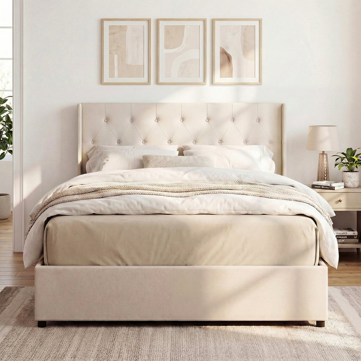Queen Size Lift-up Storage Bed Modern Linen Upholstered Platform Bed-Beige view 6