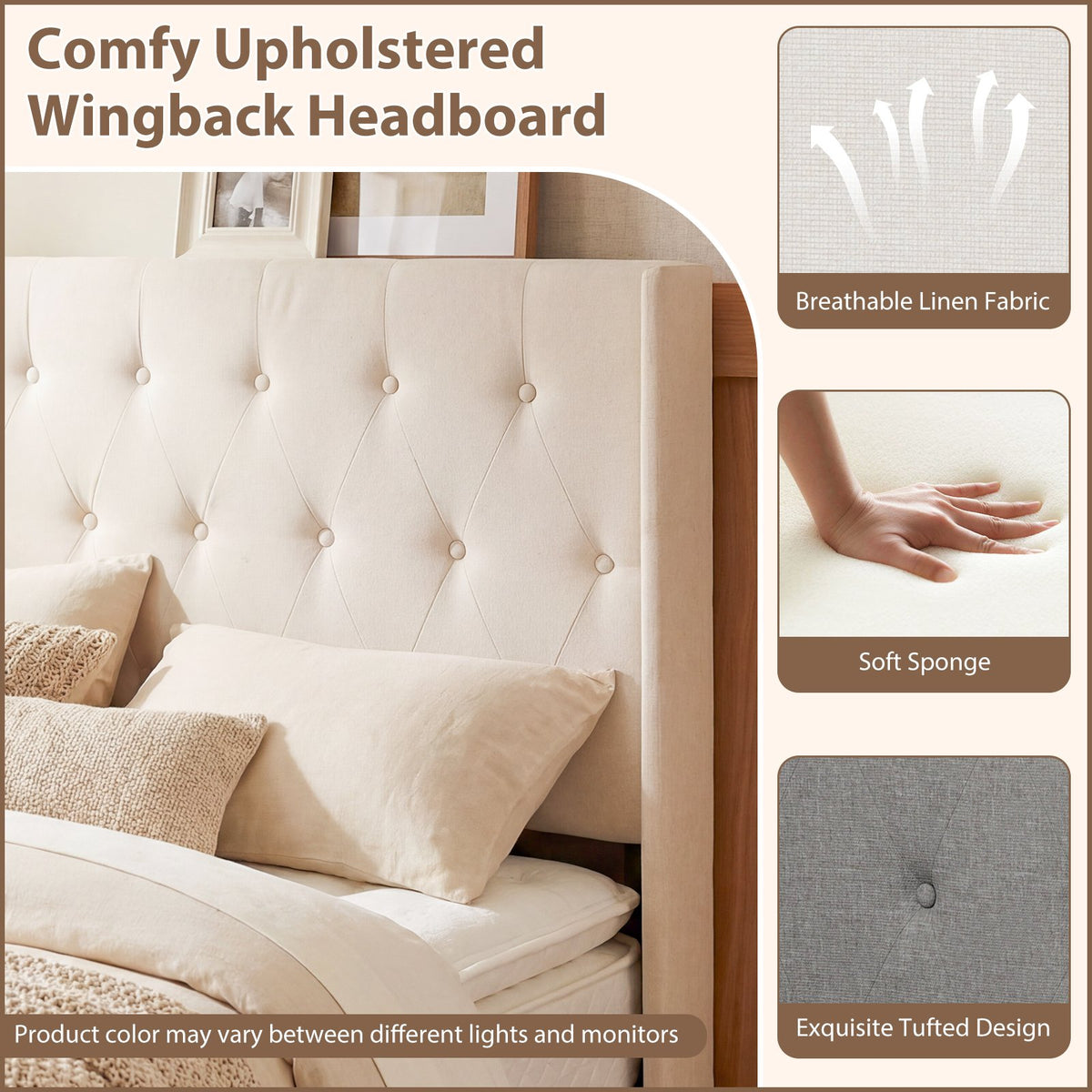 Queen Size Lift-up Storage Bed Modern Linen Upholstered Platform Bed-Beige view 9