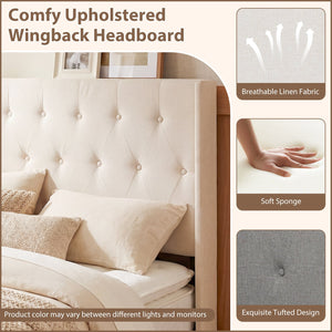 Queen Size Lift-up Storage Bed Modern Linen Upholstered Platform Bed-Beige view 9