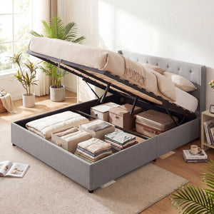 Queen Size Lift-up Storage Bed Modern Linen Upholstered Platform Bed-Gray view 2