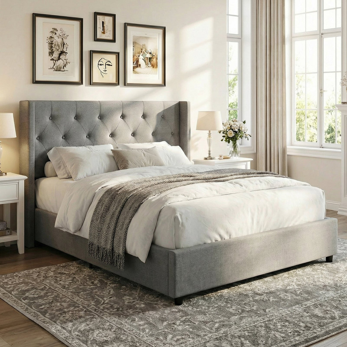 Queen Size Lift-up Storage Bed Modern Linen Upholstered Platform Bed-Gray view 3
