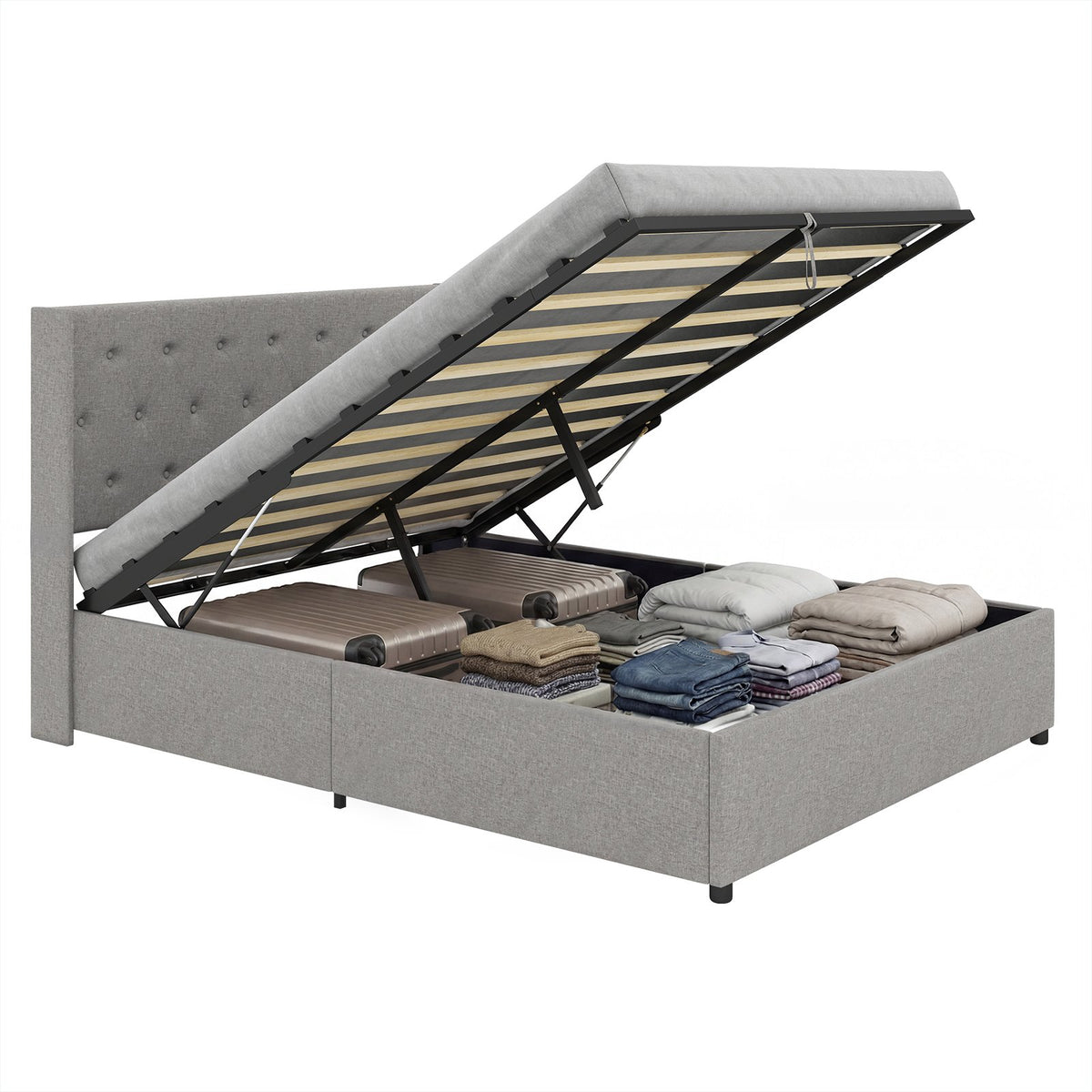 Queen Size Lift-up Storage Bed Modern Linen Upholstered Platform Bed-Gray view 4