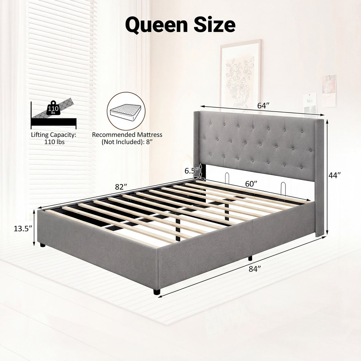 Queen Size Lift-up Storage Bed Modern Linen Upholstered Platform Bed-Gray view 5
