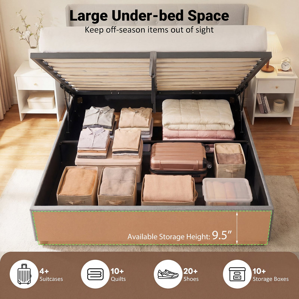 Queen Size Lift-up Storage Bed Modern Linen Upholstered Platform Bed-Gray view 8