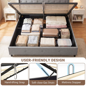 Queen Size Lift-up Storage Bed Modern Linen Upholstered Platform Bed-Gray view 9
