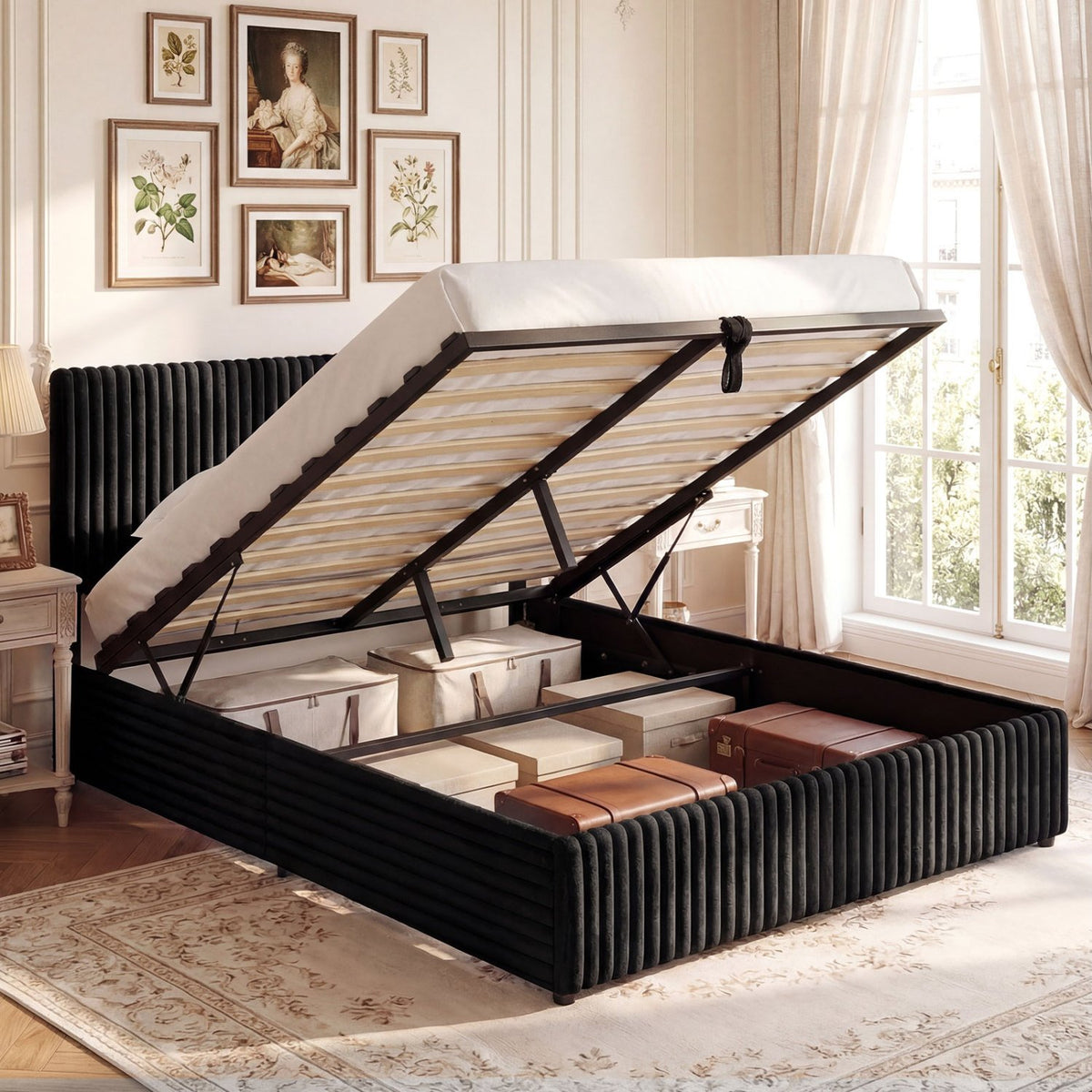 Queen Size Lift-up Storage Bed with Wooden Slat Support-Black view 2