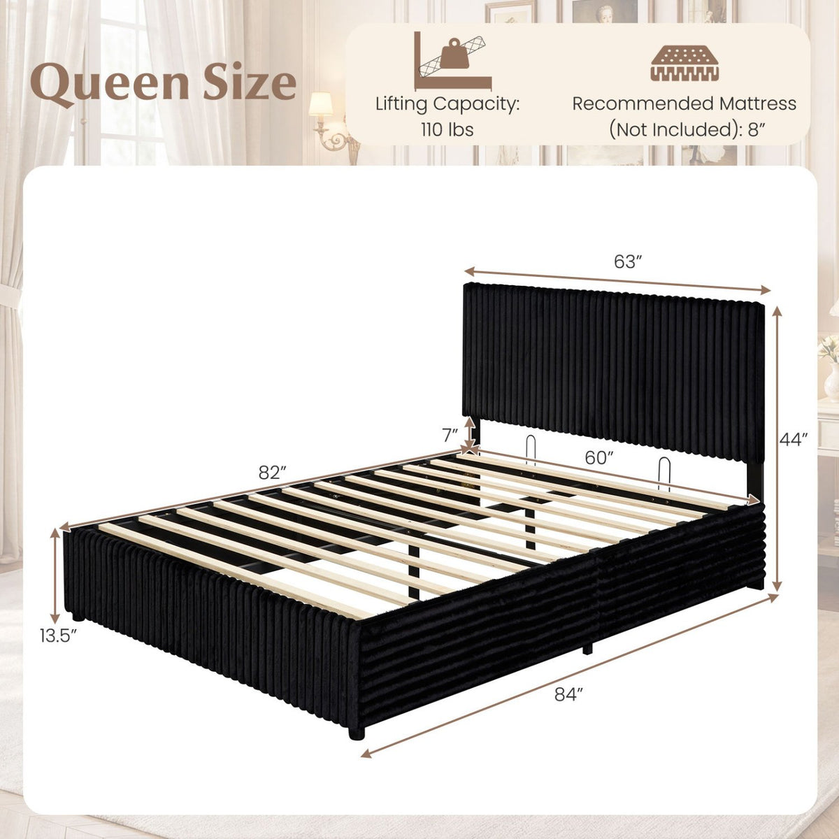Queen Size Lift-up Storage Bed with Wooden Slat Support-Black view 4