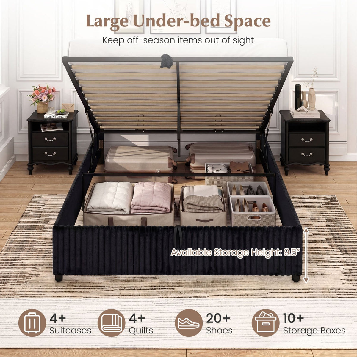 Queen Size Lift-up Storage Bed with Wooden Slat Support-Black view 5